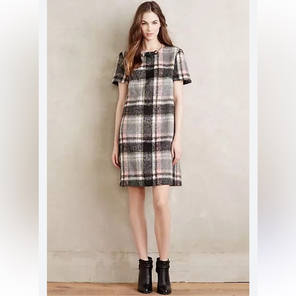 ANTHROPOLOGIE Line & Dot Frontier Brushed Wool Plaid Dress Medium - Picture 1 of 11